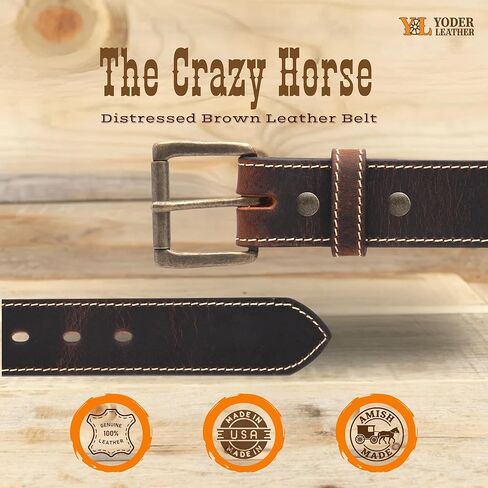 حزام جلدي رجالي من Yoder Leather مخيط بسمك إضافي - جلد Crazy Horse الأصلي، بعرض 1.5 سم، وإبزيم من النحاس الصلب in Saudi Arabia