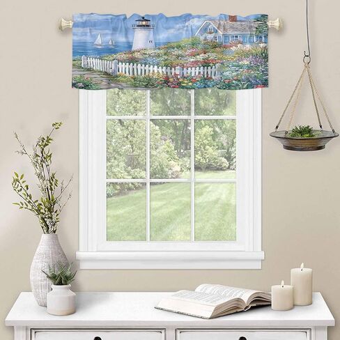 Valance Curtain Country Flowers Kitchen Curtain for Window Lighthouse Fence Flowers Rod Pocket Valance Kitchen Window Treatment for Bedroom Living Room 42x12inch in Saudi Arabia