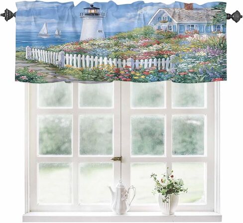 Valance Curtain Country Flowers Kitchen Curtain for Window Lighthouse Fence Flowers Rod Pocket Valance Kitchen Window Treatment for Bedroom Living Room 42x12inch in Saudi Arabia