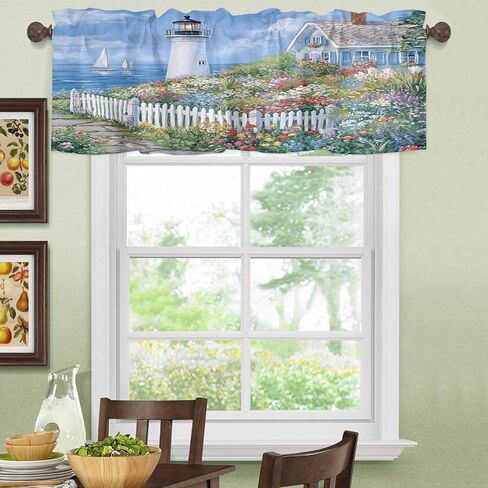 Valance Curtain Country Flowers Kitchen Curtain for Window Lighthouse Fence Flowers Rod Pocket Valance Kitchen Window Treatment for Bedroom Living Room 42x12inch in Saudi Arabia