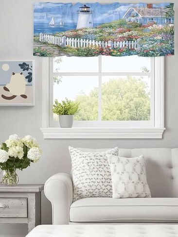 Valance Curtain Country Flowers Kitchen Curtain for Window Lighthouse Fence Flowers Rod Pocket Valance Kitchen Window Treatment for Bedroom Living Room 42x12inch in Saudi Arabia