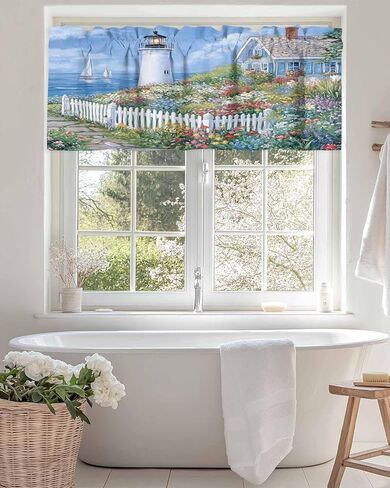 Valance Curtain Country Flowers Kitchen Curtain for Window Lighthouse Fence Flowers Rod Pocket Valance Kitchen Window Treatment for Bedroom Living Room 42x12inch in Saudi Arabia
