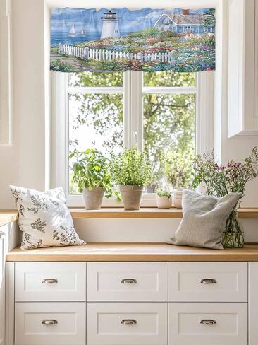 Valance Curtain Country Flowers Kitchen Curtain for Window Lighthouse Fence Flowers Rod Pocket Valance Kitchen Window Treatment for Bedroom Living Room 42x12inch in Saudi Arabia