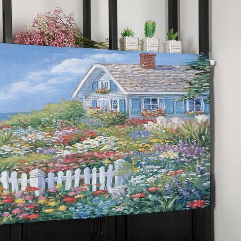 Valance Curtain Country Flowers Kitchen Curtain for Window Lighthouse Fence Flowers Rod Pocket Valance Kitchen Window Treatment for Bedroom Living Room 42x12inch in Saudi Arabia
