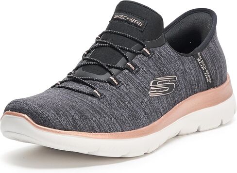 حذاء رياضي نسائي من SKECHERS Summits سهل الانزلاق بدون استخدام اليدين، أسود ذهبي وردي، عرض 10.5 in Kuwait