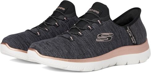 حذاء رياضي نسائي من SKECHERS Summits سهل الانزلاق بدون استخدام اليدين، أسود ذهبي وردي، عرض 10.5 in Kuwait