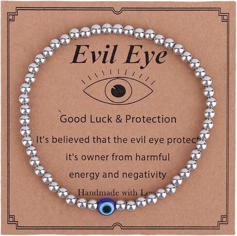 Evil Eye Bracelet for Women, Dainty Beaded Good Luck Bracelet with Silver Evil Eye Stack Charm for Spiritual Protection Birthday Christmas Graduation Gift Jewelry in Saudi Arabia