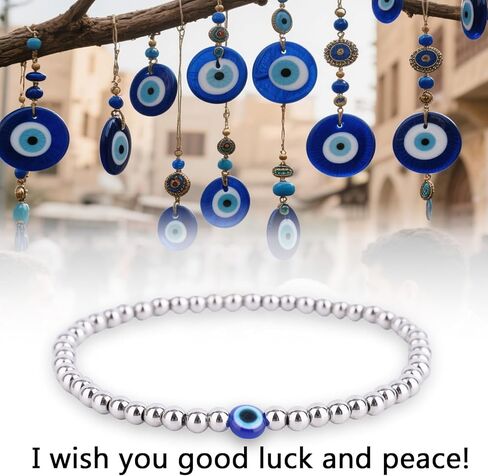 Evil Eye Bracelet for Women, Dainty Beaded Good Luck Bracelet with Silver Evil Eye Stack Charm for Spiritual Protection Birthday Christmas Graduation Gift Jewelry in Saudi Arabia