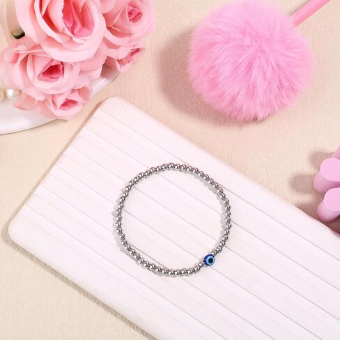 Evil Eye Bracelet for Women, Dainty Beaded Good Luck Bracelet with Silver Evil Eye Stack Charm for Spiritual Protection Birthday Christmas Graduation Gift Jewelry in Saudi Arabia