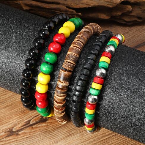 مجموعة أساور قابلة للتكديس لشهر التاريخ الأسود، إكسسوار Juneteenth، خرز خشبي أفريقي، أساور قابلة للتمدد، أسود، أصفر، أحمر، أخضر، مجوهرات أفريقية للنساء in Saudi Arabia
