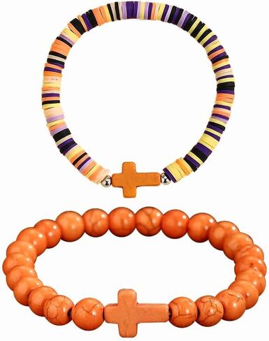 XAM 2Pcs Colorful Handmade Clay Stone Cross Beaded Bracelet for Men Women Inspirational Cross Faith Bracelet for Christian Easter Thanksgiving Christmas Birthday Gifts Jewelry in Saudi Arabia