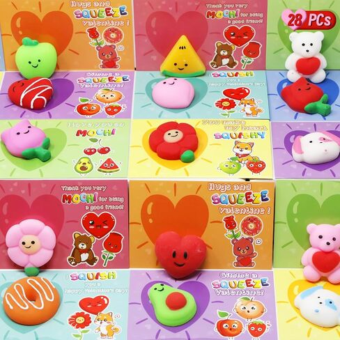 28 Packs Valentines Day Gift Cards with Cute Kawaii Mochi Squishy to Squeeze for Kids School Classroom Valentine’s Exchange Greeting Cards Party Favors, Stress Relief Fidget Toy in Kuwait
