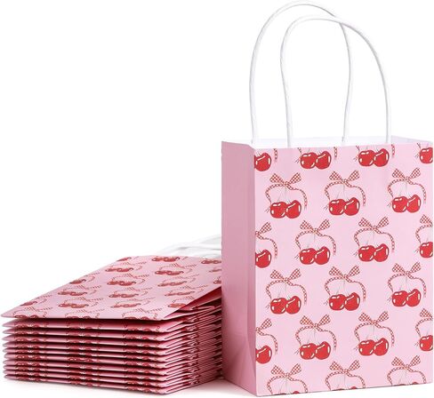WRAPAHOLIC 12 Pack 7" Small Kraft Pink Bow Paper Gift Bags - Pink Ribbon Bow Gift Bags for Girls Birthday, Baby Shower, Wedding, Bridal Shower in Saudi Arabia