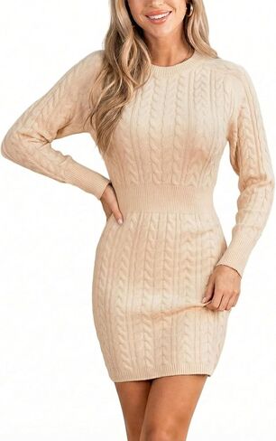 CUPSHE المرأة الشتاء الخريف كابل متماسكة سترة فستان طويل الأكمام Bodycon فساتين صغيرة Crewneck المجهزة فستان قصير in Saudi Arabia