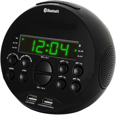 HANNLOMAX HX-129CR Alarm Clock Radio. PLL FM Radio, 0.6" Green LED Display, Bluetooth, USB Ports for 2.4A & 1A Charging/MP3 Playback (Blue) in Saudi Arabia