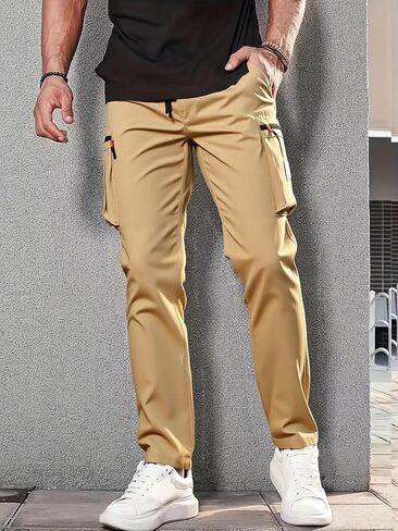 Men's Casual Pants Cargo Joggers Drawstring Elastic Waist Trousers with Zipper Pockets in Saudi Arabia
