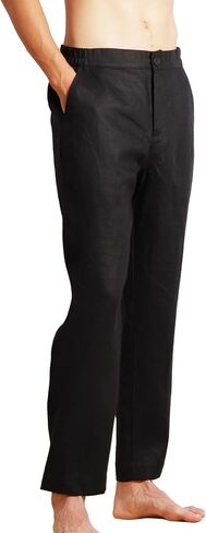 Men's 100% Linen Pants with Adjustable Slim Bilateral Elastic Bands Waist Tapered Fit Comfort Casual Trousers in Saudi Arabia