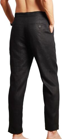 Men's 100% Linen Pants with Adjustable Slim Bilateral Elastic Bands Waist Tapered Fit Comfort Casual Trousers in Saudi Arabia