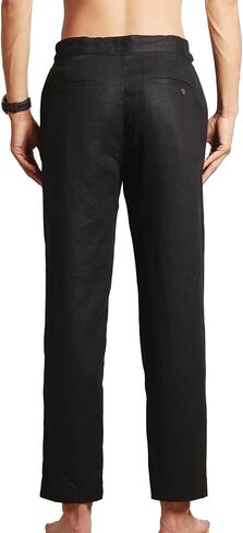 Men's 100% Linen Pants with Adjustable Slim Bilateral Elastic Bands Waist Tapered Fit Comfort Casual Trousers in Saudi Arabia