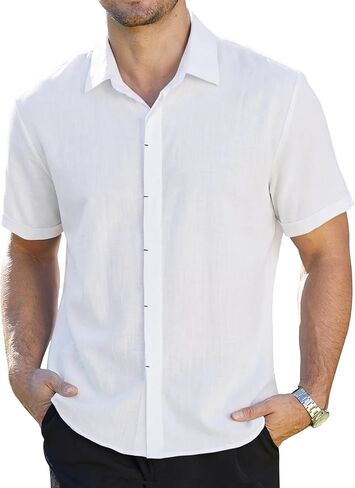 Mens Linen Shirts Short Sleeve Casual Shirt Button Down Summer Beach Vacation Tops Men Casual Dress Shirts Breathable in Saudi Arabia