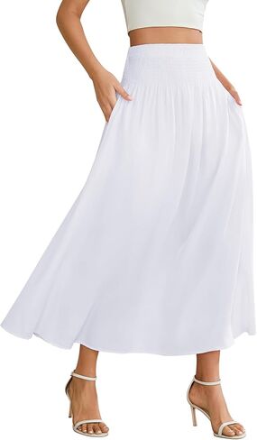 Women's Elastic High Waisted Midi Skirts with Pockets Trendy A-Line Flowy Swing Basic Skirt in Saudi Arabia