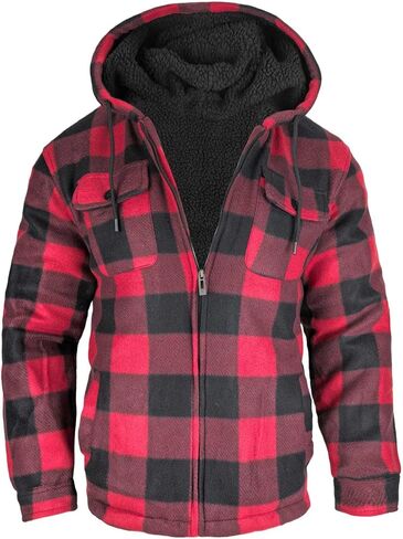 Plaid Flannel Jackets for Men Sherpa Fleece Lined Zip Up Hoodies Thick Winter Heavy Warm Coats with Hood in Kuwait