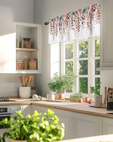 Valance Curtain Green Eucalyptus Leaves Kitchen Curtain for Window Berry Leaf Branch Rod Pocket Valance Kitchen Window Treatment for Bedroom Living Room 42x12inch in Saudi Arabia
