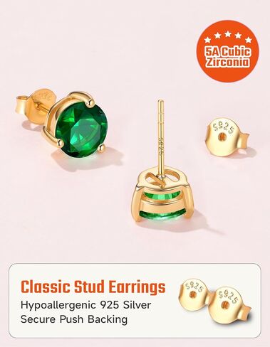 JustBeingCute 3-Prong Sterling Silver Earrings, Round CZ Colorful Stone Flat Back Studs Hypoallergenic Earrings for Women, Valentine's Day Engagement Jewelry Gifts—4/5/6/6.5/7.5/8mm in Saudi Arabia