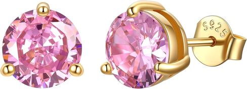 JustBeingCute 3-Prong Sterling Silver Earrings, Round CZ Colorful Stone Flat Back Studs Hypoallergenic Earrings for Women, Valentine's Day Engagement Jewelry Gifts—4/5/6/6.5/7.5/8mm in Saudi Arabia