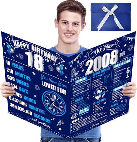 Jumbo Happy Happy 18th Birthday with Envelope for Boy ، Blue Silver 18 First Firsting Guest Book Party Supplies ، Big Back in 2007 Feeendeen Bdday Gift in Kuwait