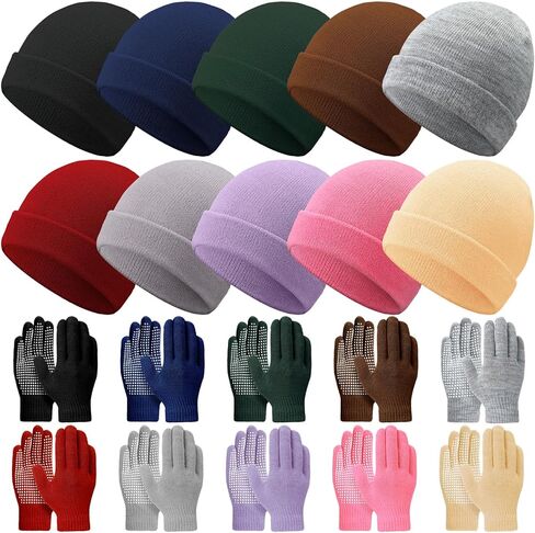 Kids Winter Hats and Gloves Bulk Knit Warm Beanie with Full Finger Anti-Slip Gloves Unisex Cold Weather Set in Saudi Arabia