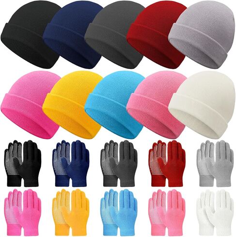 Kids Winter Hats and Gloves Bulk Knit Warm Beanie with Full Finger Anti-Slip Gloves Unisex Cold Weather Set in Saudi Arabia