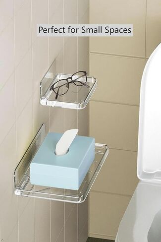 Foldable Wall Mounted Adhesive Shelf, No Drilling Plastic Storage Rack with Cord Hole,Drain Holes,Stick on Shelf for Bathroom, Kitchen, Bedroom and Living Room (Clear,Large) in Saudi Arabia