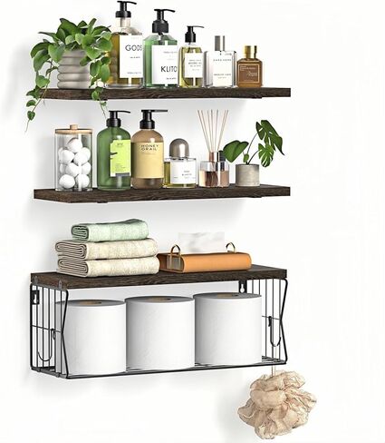 Floating Bathroom Shelves Wall Mounted - Wooden Shelf Set of 3 for Over Toilet Storage & Farmhouse Bathroom Decor - Perfect Shelving Organizer for Apartments RVs Powder Room Restroom - Wood in Saudi Arabia
