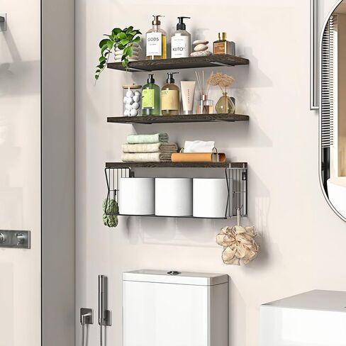 Floating Bathroom Shelves Wall Mounted - Wooden Shelf Set of 3 for Over Toilet Storage & Farmhouse Bathroom Decor - Perfect Shelving Organizer for Apartments RVs Powder Room Restroom - Wood in Saudi Arabia