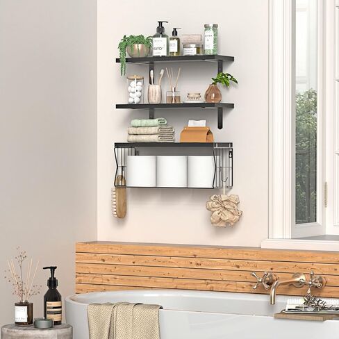 Floating Bathroom Shelves Wall Mounted - Wooden Shelf Set of 3 for Over Toilet Storage & Farmhouse Bathroom Decor - Perfect Shelving Organizer for Apartments RVs Powder Room Restroom - Wood in Saudi Arabia