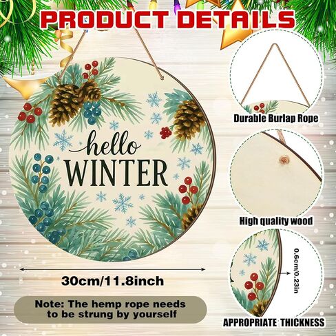 Thyle Hello Winter Sign 12'' Winter Front Door Decor Watercolor Blue Pine Branch and Pine Cone Pattern Door Hanger Sign Wooden Rustic Wreath Wall Hanging Decoration for Home Outdoor Porch Christmas in Saudi Arabia