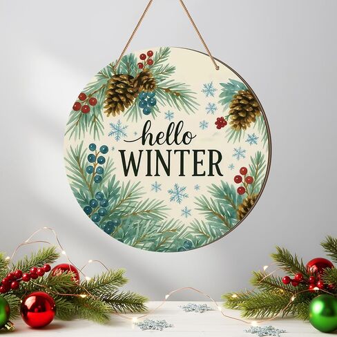 Thyle Hello Winter Sign 12'' Winter Front Door Decor Watercolor Blue Pine Branch and Pine Cone Pattern Door Hanger Sign Wooden Rustic Wreath Wall Hanging Decoration for Home Outdoor Porch Christmas in Saudi Arabia