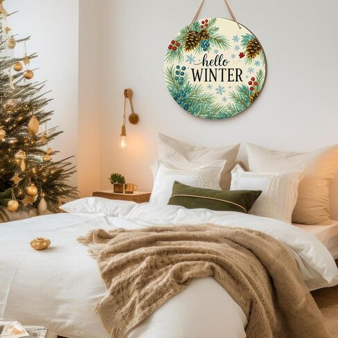 Thyle Hello Winter Sign 12'' Winter Front Door Decor Watercolor Blue Pine Branch and Pine Cone Pattern Door Hanger Sign Wooden Rustic Wreath Wall Hanging Decoration for Home Outdoor Porch Christmas in Saudi Arabia