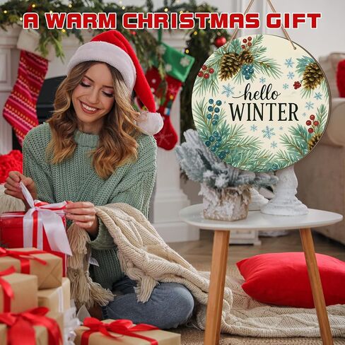 Thyle Hello Winter Sign 12'' Winter Front Door Decor Watercolor Blue Pine Branch and Pine Cone Pattern Door Hanger Sign Wooden Rustic Wreath Wall Hanging Decoration for Home Outdoor Porch Christmas in Saudi Arabia
