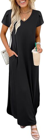 ANRABESS Womens Summer Maxi Dresses 2026 Casual Short Sleeve V Neck Loose Split Long Beach Sundress Travel Vacation Clothes in Saudi Arabia