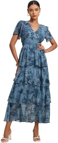 Ador Women's Floral Summer Empire Weist v Neck عرضية شيفون Maxi Long Maxi Dresses Tier Shower Short in Kuwait