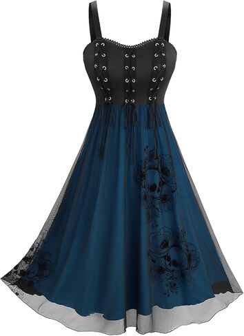 DRESSFO Women's Gothic Skull Rose Tank Dress – Flocking Lace-Up A-Line Dress with Grommets and Lace Trim in Saudi Arabia