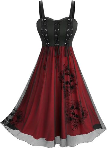 DRESSFO Women's Gothic Skull Rose Tank Dress – Flocking Lace-Up A-Line Dress with Grommets and Lace Trim in Saudi Arabia