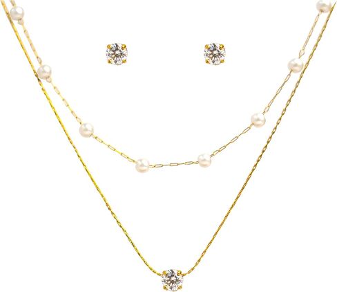 Elegant Pearl jewelry set for Women-Dainty 14K gold Plated Layered Choker necklace set withCubic Zircon Pendant and Stud earing, trendy gift for women/Bride/wedding guest in Saudi Arabia