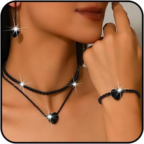 Sparkly Rhinestone Heart Jewelry Set for Women Black Cubic Zirconia Necklace Love Dangle Earrings Bracelet Sets Aesthetic Formal Jewelry Accessories in Saudi Arabia