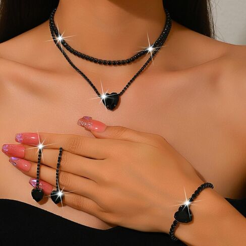Sparkly Rhinestone Heart Jewelry Set for Women Black Cubic Zirconia Necklace Love Dangle Earrings Bracelet Sets Aesthetic Formal Jewelry Accessories in Saudi Arabia