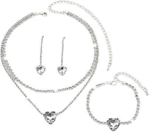 Sparkly Rhinestone Heart Jewelry Set for Women Black Cubic Zirconia Necklace Love Dangle Earrings Bracelet Sets Aesthetic Formal Jewelry Accessories in Saudi Arabia