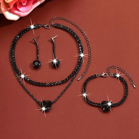 Sparkly Rhinestone Heart Jewelry Set for Women Black Cubic Zirconia Necklace Love Dangle Earrings Bracelet Sets Aesthetic Formal Jewelry Accessories in Saudi Arabia