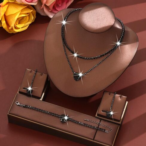 Sparkly Rhinestone Heart Jewelry Set for Women Black Cubic Zirconia Necklace Love Dangle Earrings Bracelet Sets Aesthetic Formal Jewelry Accessories in Saudi Arabia